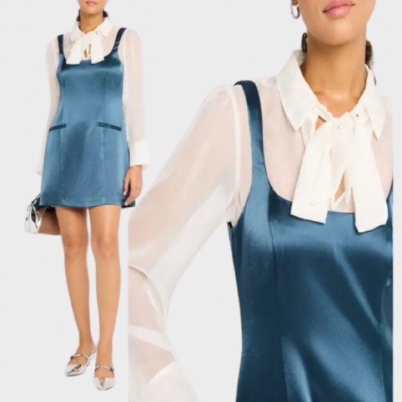 NWT Cinq à Sept Naia Tie-Neck Satin Long Sheer Sleeve Mini Dress - Picture 1 of 10
